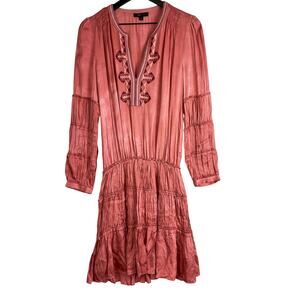 Frye Odette Embroidered Tiered Drop Waist Mini Dress Pink - S